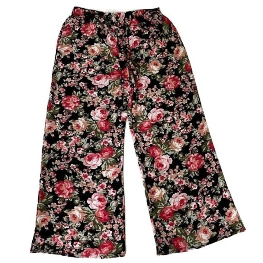 Lexington Avenue Wide Leg Floral Patterned Pants with Elastic Waistband NEW
